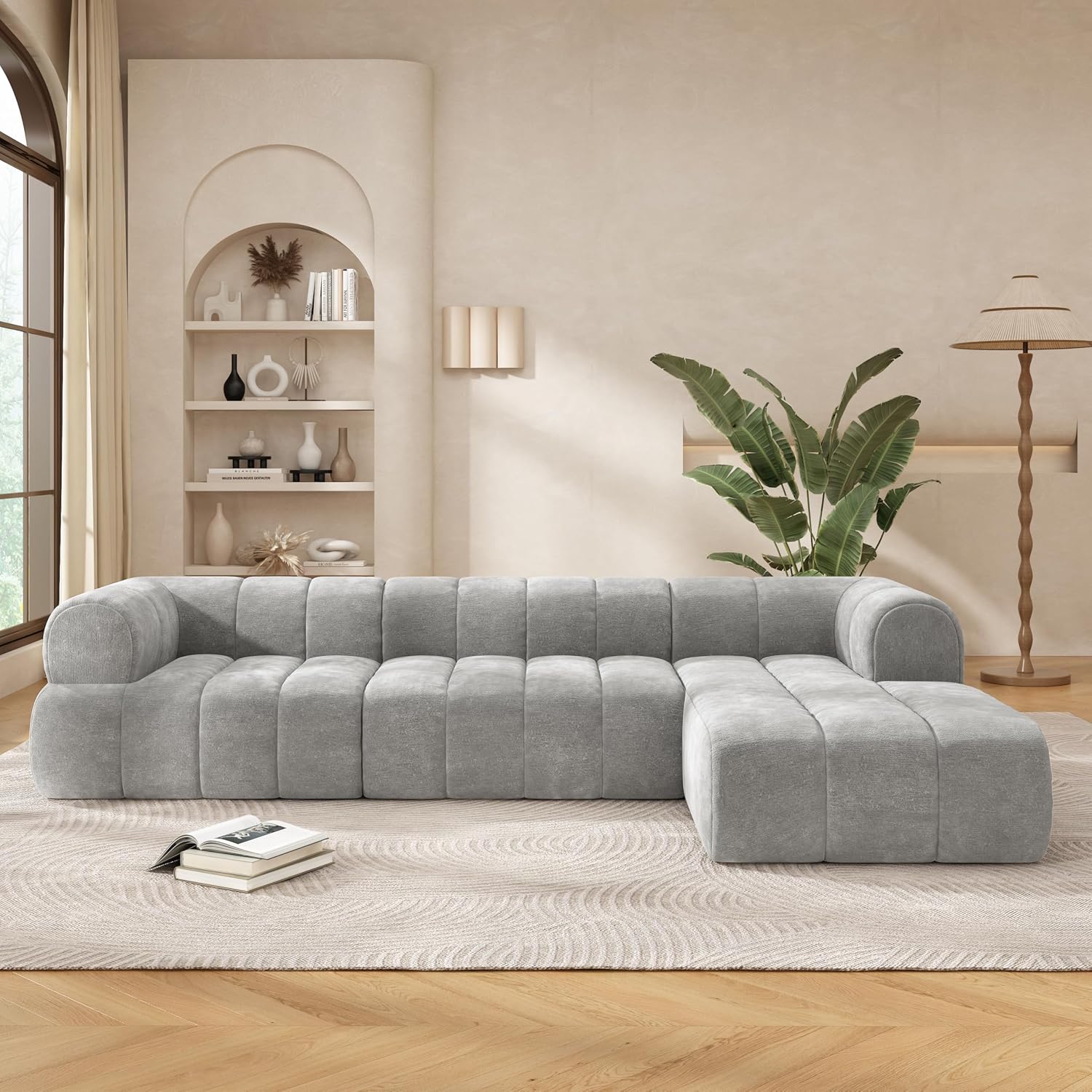 Christopher Knight Home Mania 122' Modular L-Shape Sofa Couch with Chaise Lounge, Modern Sectional Sofa Set for Living Room, Boucle Fabric Upholstered Cloud Couch with Deep Seat, Gray