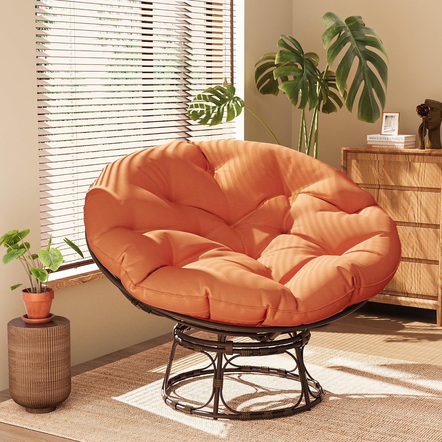 46'' Large Size Papasan Chair (Non-Swivel) with Cushion and Frame, Round Lazy Chair for Living Room and Bedroom, Orange
