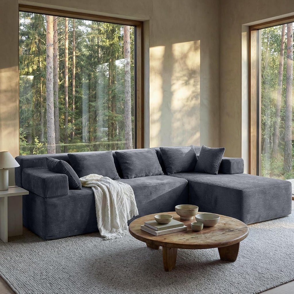 MONVANE 106' Cloud Sectional Couch with L-Shaped Chaise, Modular Sectional Sofa with Deep Seat and Removable Armrests, Comfy Corduroy Boneless Couches for Living Room, No Assembly Required, Grey