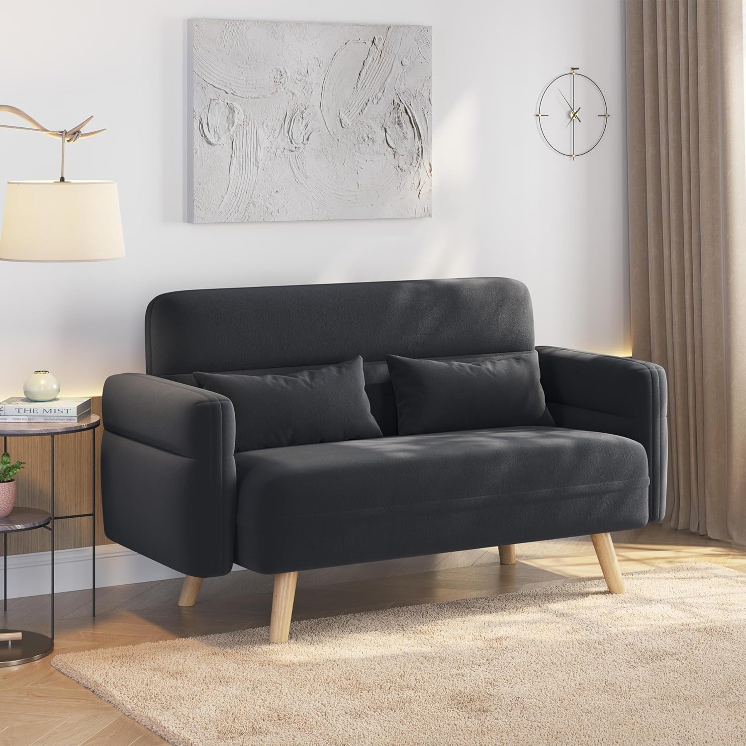Yaheetech 46' Small Modern Fabric Sofa Loveseat Mid Century 2 Seater Sofa Couch with Lumbar Pillows, Solid Wood Legs for Living Room, Small Space, Dorm, Office, Bedroom, Dark Gray