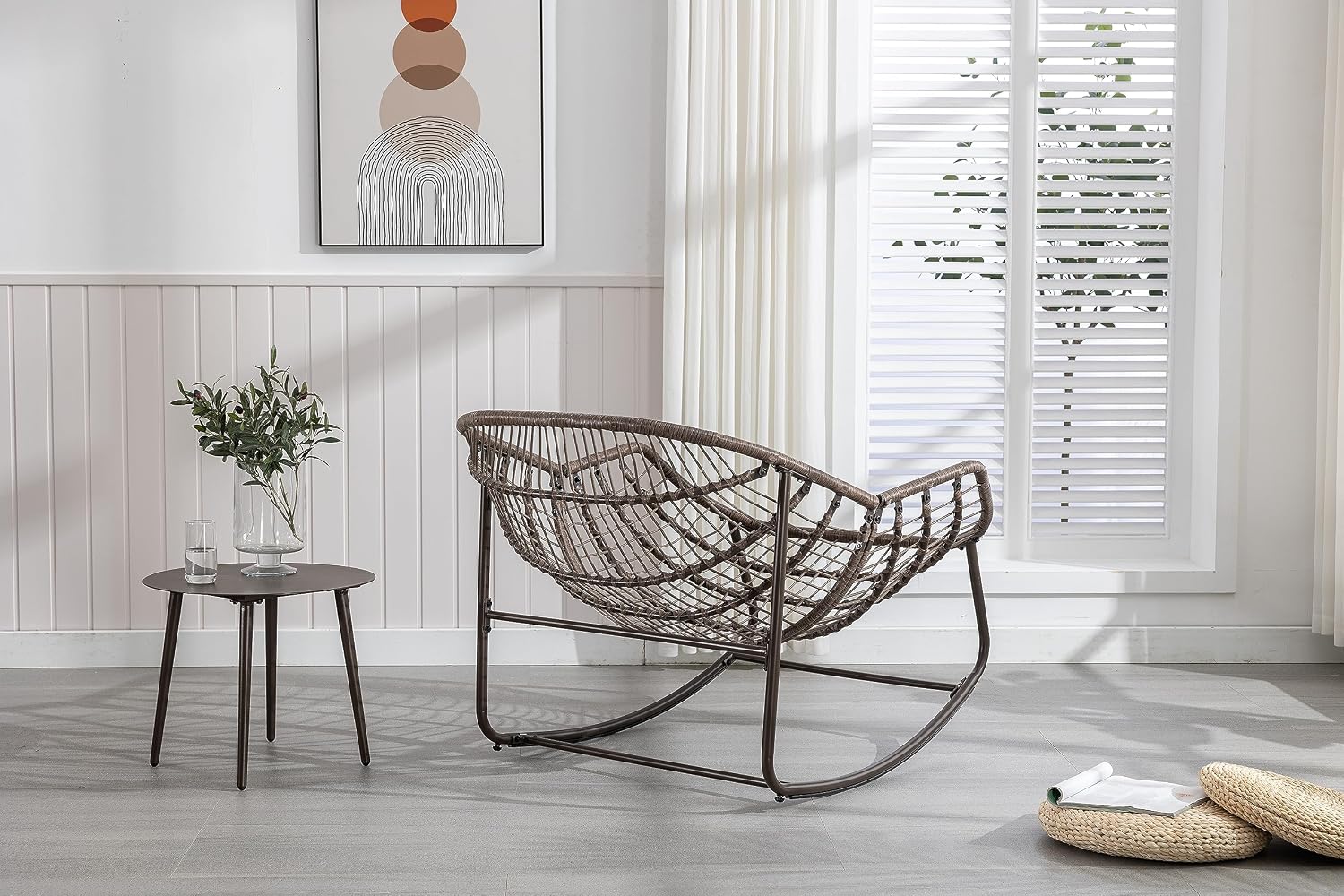 Outdoor Rattan Rocking Chair Oversized Papasan Recliner Lounger, Steel Frame & Thick Corduroy Cushion, Indoor/Outdoor Use for Patio, Porch, Backyard, Garden, Balcony, White