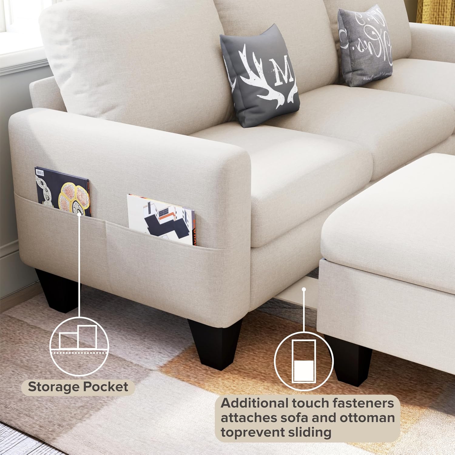 78' Sectional Sofa Couches for Living Room, Beige Convertible L Shaped Couch with Storage Ottoman, Deep Seat Pet-Friendly Linen Fabric Sofa Set for Small Space, Apartment, Dorm