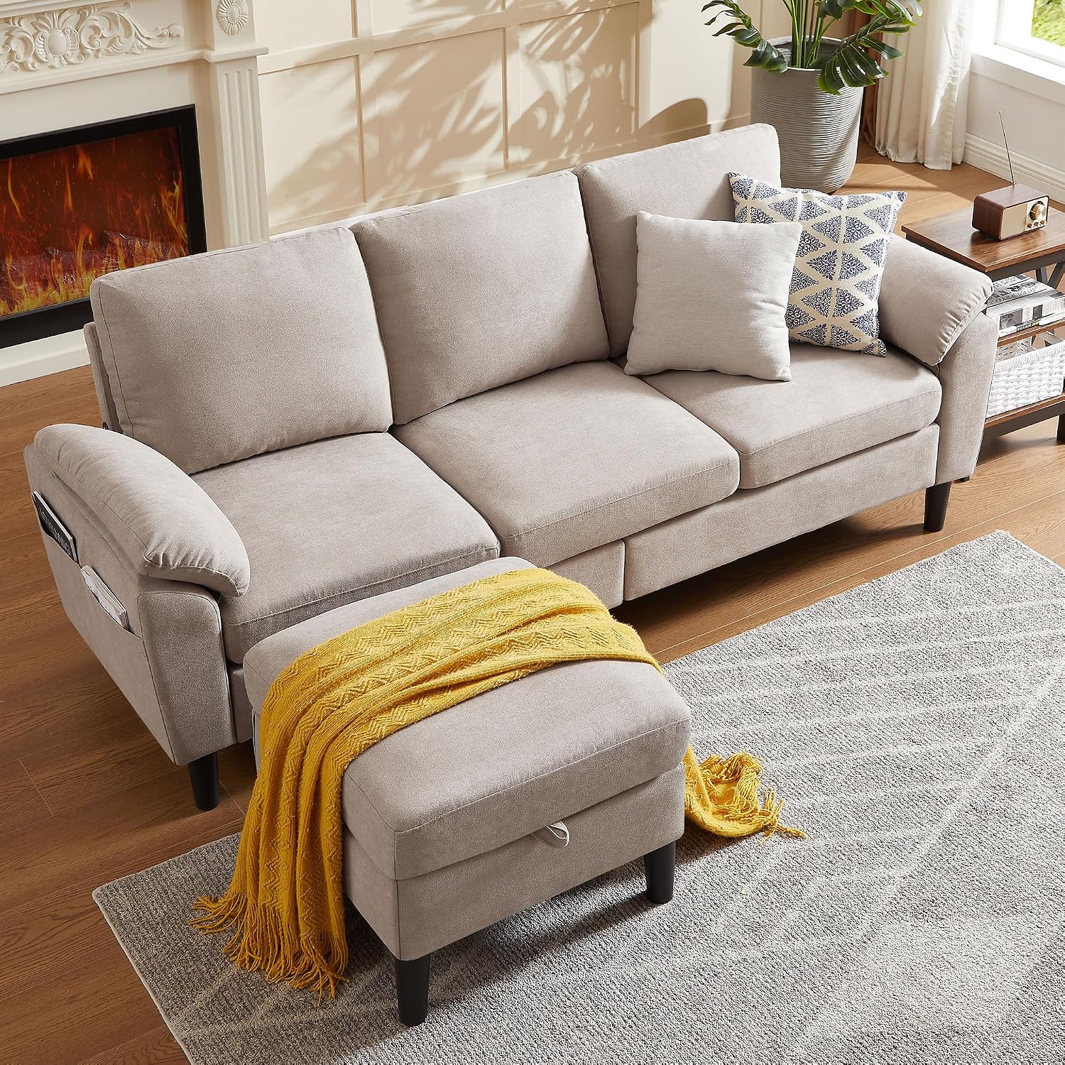 80' Convertible Sectional Sofa, Small L Shaped 3 Seat Couch with Reversible Storage Chaise, Modern Polyester Fabric Sofa Couches for Living Room, Apartment and Small Space, Beige