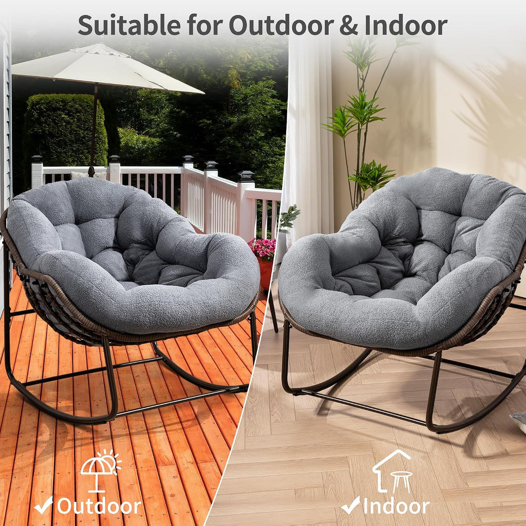 HOMEFUN Nursery Rocking Chairs Oversized Papasan Chair Indoor with Padded Cushion Upholstered Glider for Reading Living Rooms BedroomsOffices, Teddy Grey