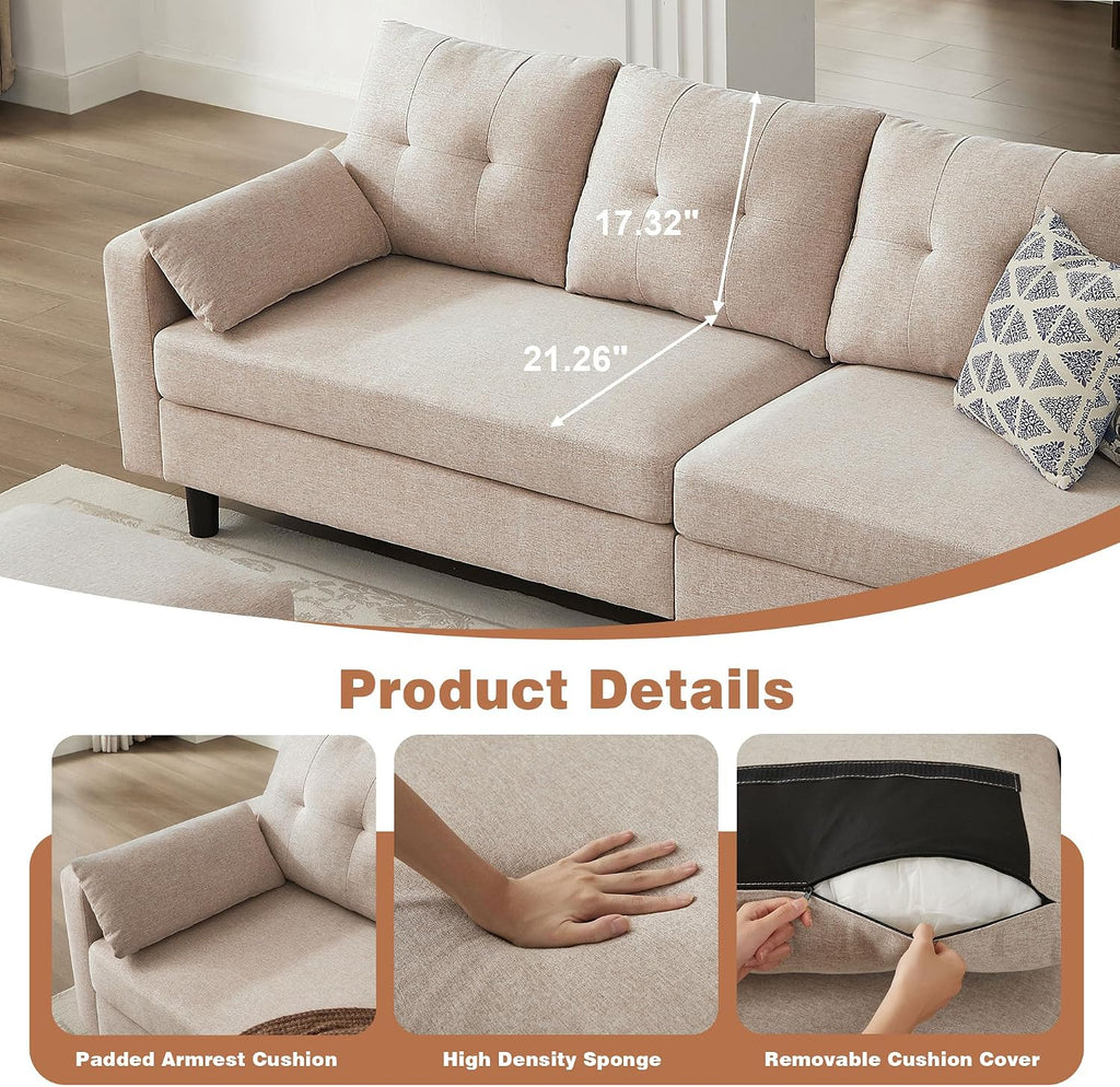 Sectional Sofa with Storage Seats, 4 Seater U Shaped Couch with 2 Movable Ottoman Chaises for Living Room, Polyester Cover & Soft Cushions, 101' Combination Sectional Couch, Beige