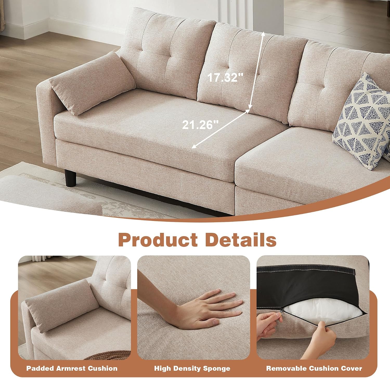 Sectional Sofa with Storage Seats, 4 Seater U Shaped Couch with 2 Movable Ottoman Chaises for Living Room, Polyester Cover & Soft Cushions, 101' Combination Sectional Couch, Beige