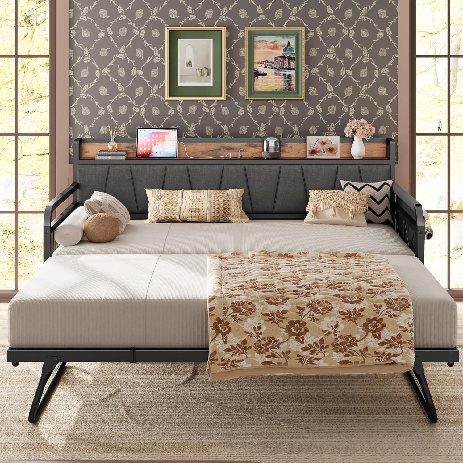 LIKIMIO Twin XL Daybed, Day Bed with Trundle, Storage Upholstered Headboard and Charging Station, Trundle Bed with Strong Supports for Living Room, Bedroom, and Guest Room, Grey