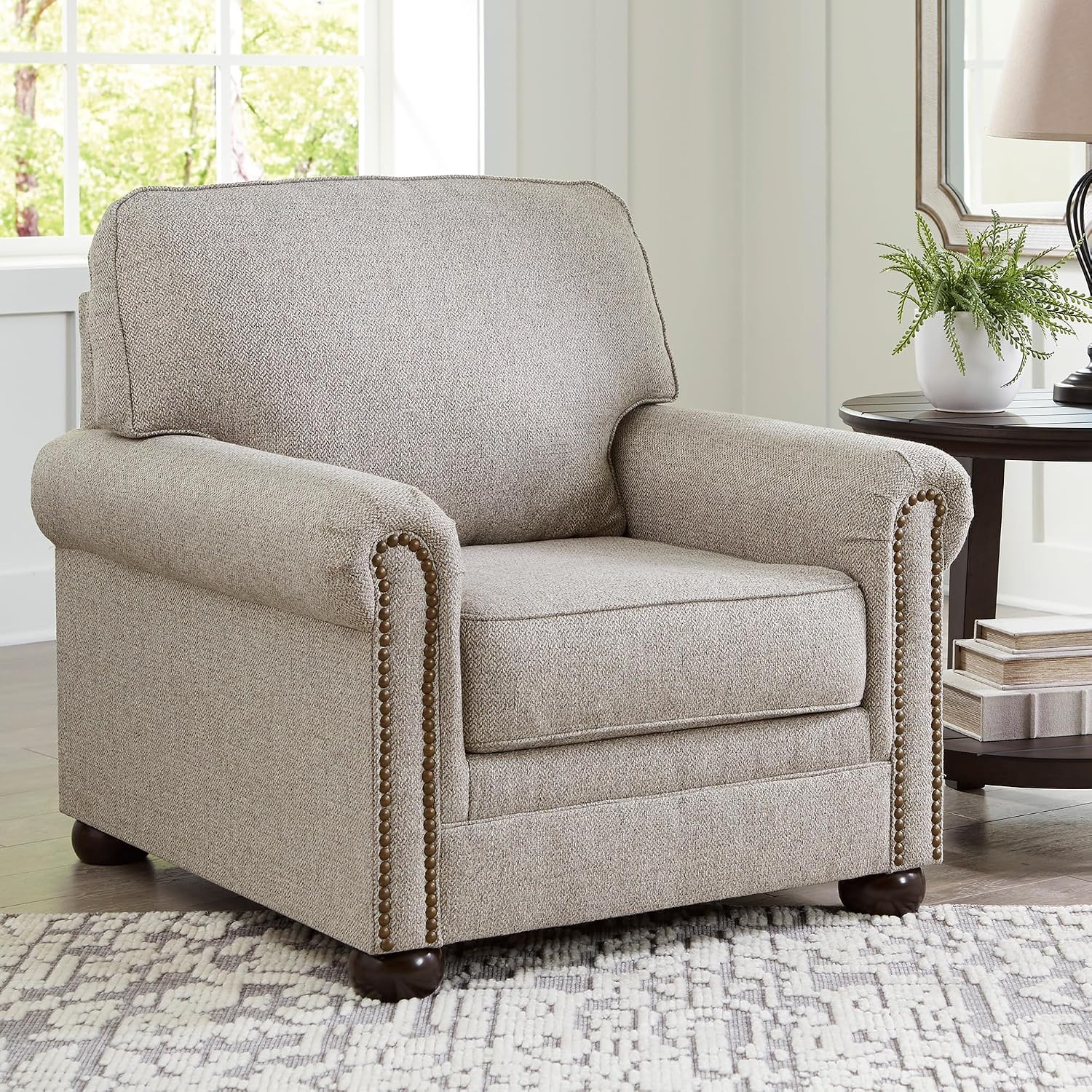 Signature Design by Ashley Gaelon Transitional Upholstered Chair with Nailheads, Light Gray