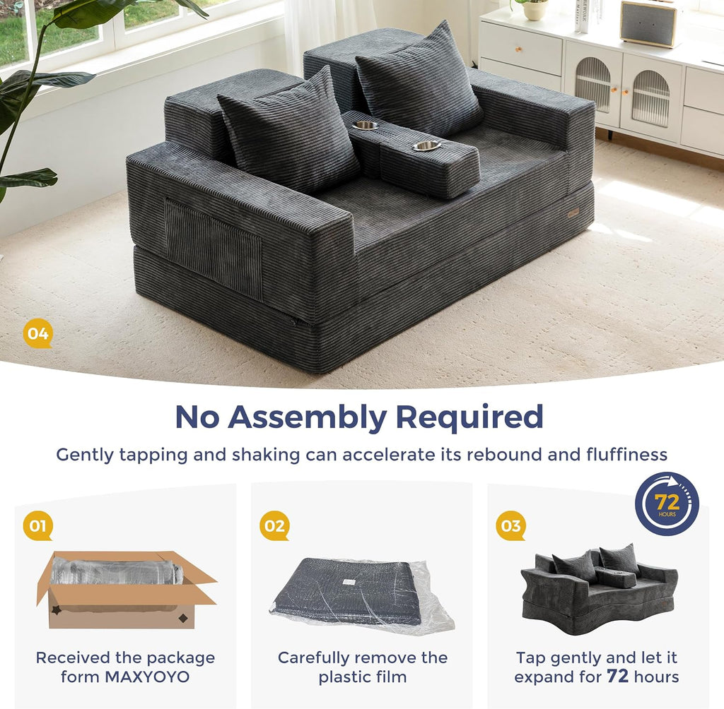 MAXYOYO Loveseat Sofa Bed, 64' Foldable Floor Sofa Couch in A Box with 2 Cup Holders, 4 in 1 Convertible Boneless Couch Folding Recliner Sleeper Chair for Living Room,Charcoal Grey