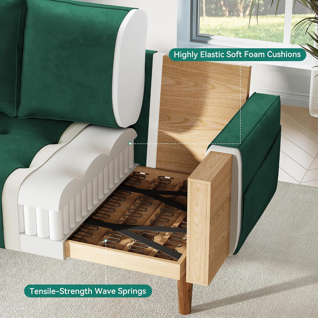 DWVO 68' Loveseat Sofa, Velvet Fabric Sofa Couch for Small Space, Modern Loveseat with Button Tufted Seat and Side Storage Pockect, 3 Seater Couch for Living Room Bedroom, 2 Pillows Included, Green