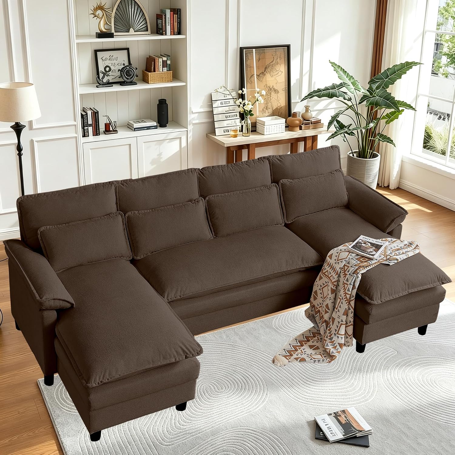 Comfy Cloud Couch Sectional Sofa with Lumbar Pillows, Modern U-Shaped Cloud Sofa with Double Chaise & Deep Seat 4 Seat Sectional Couch for Living Room, or Office, Easy Assembly, Dark Coffee