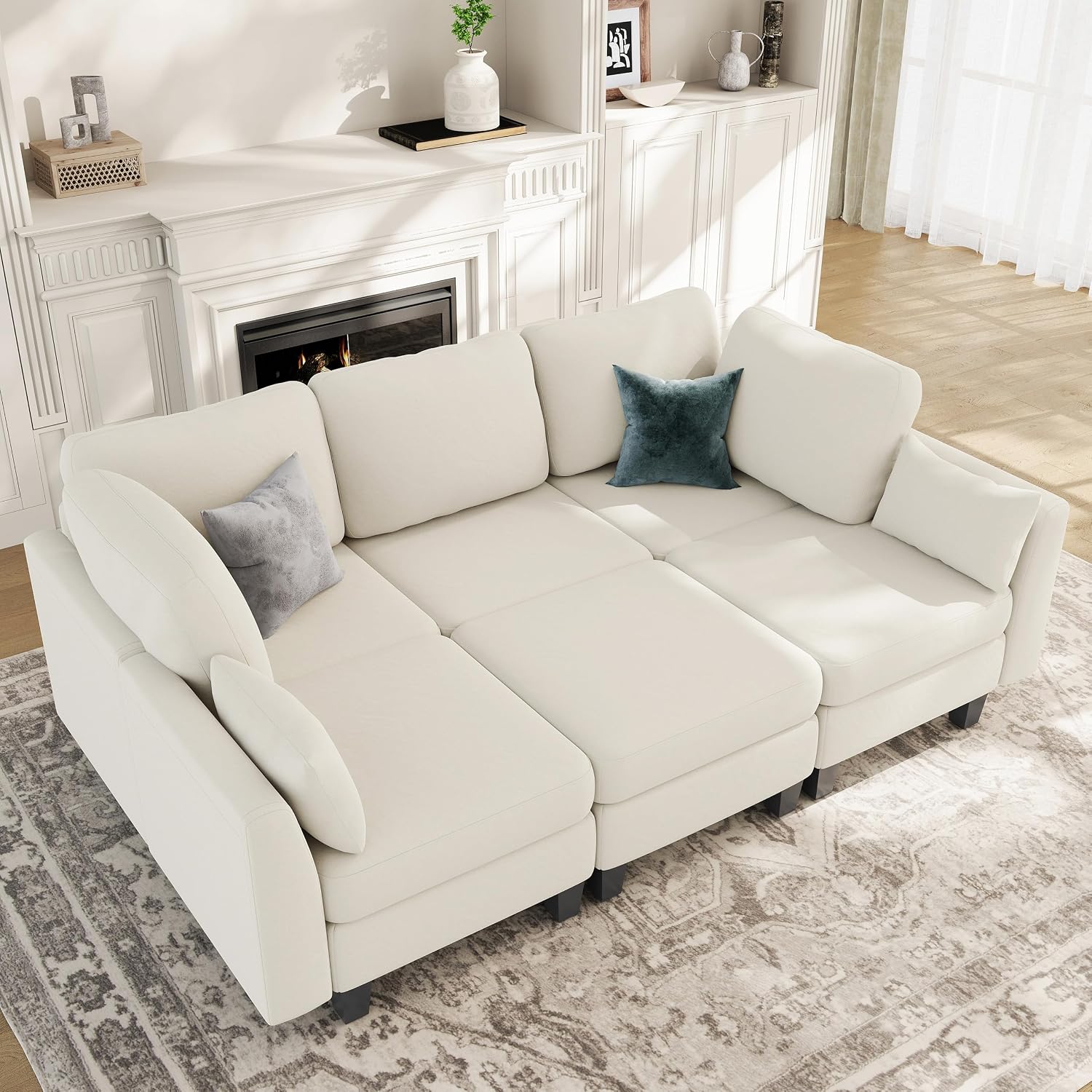 Sectional Sleeper Sofa, 6 Seaters Modular Sleeper Sofa Couch, Comfy Sectionals Couches Bed, Convertible Sofas with Ottomans, Modular Sectional Couches for Living Room, Beige