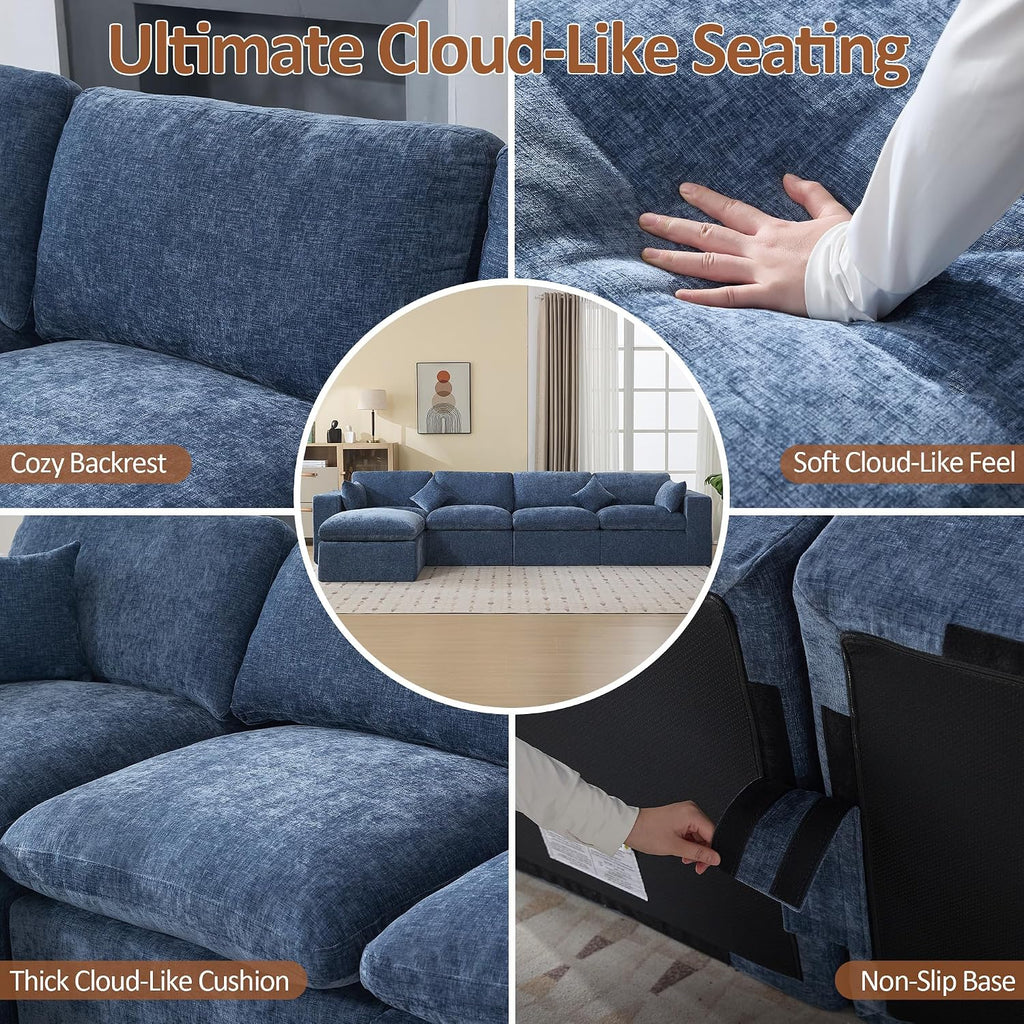 146''Cloud Boneless Sectional Couch, Modular Sectional Sofa Deep Seat with Ottoman, Oversized Upholstered Convertible Comfy 5 Seater Chenille Sofa L Shape Couches for Living Room, Blue
