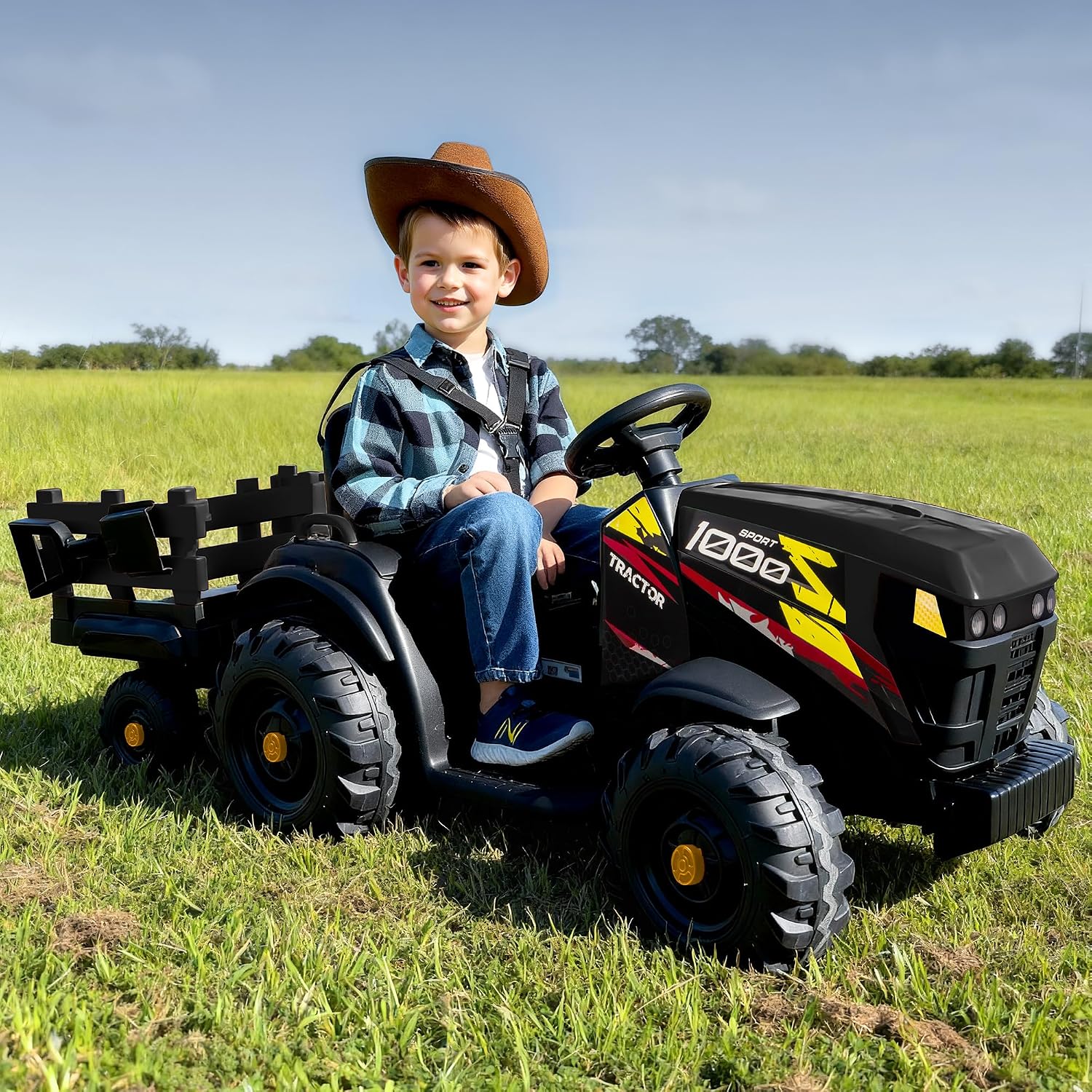 Hikiddo 24V Kids Ride on Tractor Toy, Electric Tractor for Kids 3-8 with Trailer, 2x200W Motors - Black