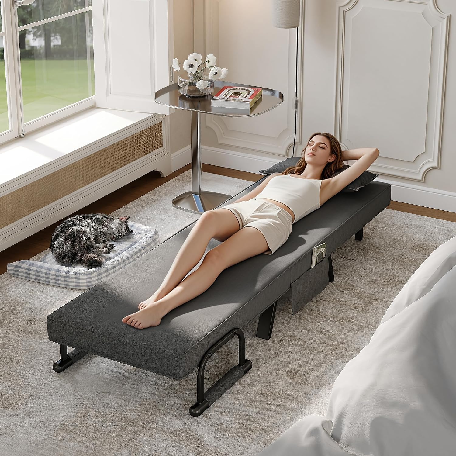 TYBOATLE Sleep Chair Bed, Comfy Convertible Sleeper Chairs for Adults, 5 in 1 Folding Sofa Bed with Adjustable Backrest & Side Pockets & Pillow, Cozy Small Couch for Small Spaces, Office (Dark Grey)
