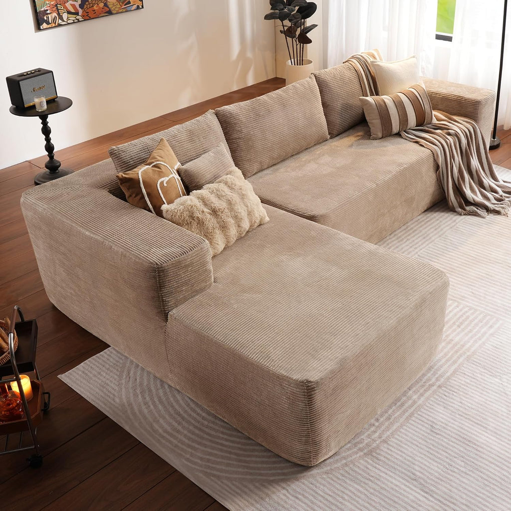 ovios 104' Cloud Boneless Couch with L-Shape Chaise,Modern Sectional Modular Sofa with Deep Seat, Upholstered Couches for Living Room Bedroom,No Assembly Required, Camel (Corduroy Fabric)