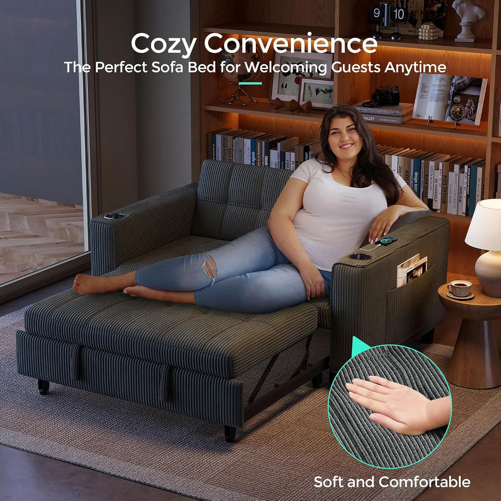 LINSY 54' Pull Out Couch with Charging Station - Sleeper Sofa Bed with Cup Holder, Small 3 in 1 Convertible Loveseat Sleeper Couch for Apartment, Dorm Room, Bedroom and Small Space, Dark Gray