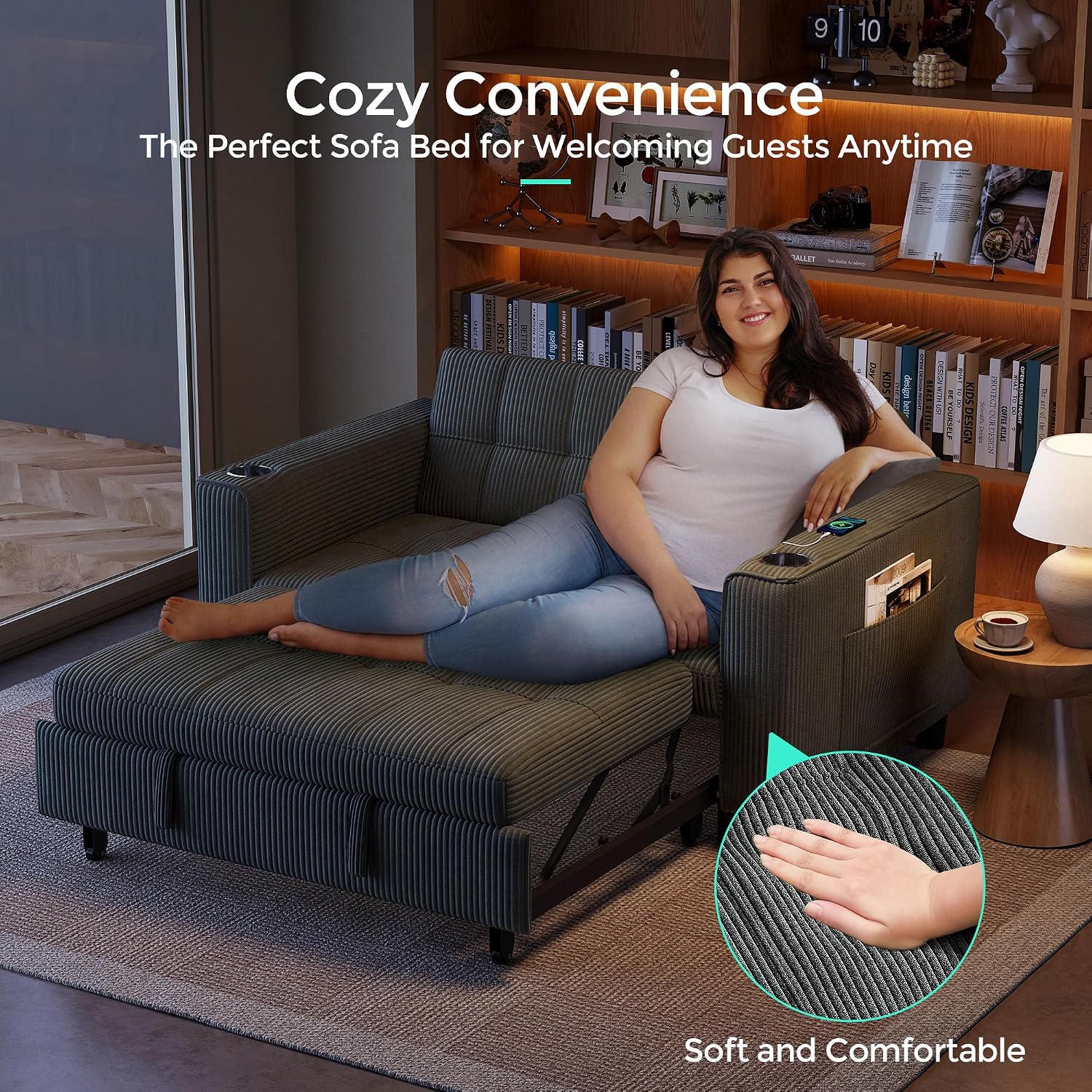 LINSY 54' Pull Out Couch with Charging Station - Sleeper Sofa Bed with Cup Holder, Small 3 in 1 Convertible Loveseat Sleeper Couch for Apartment, Dorm Room, Bedroom and Small Space, Dark Gray