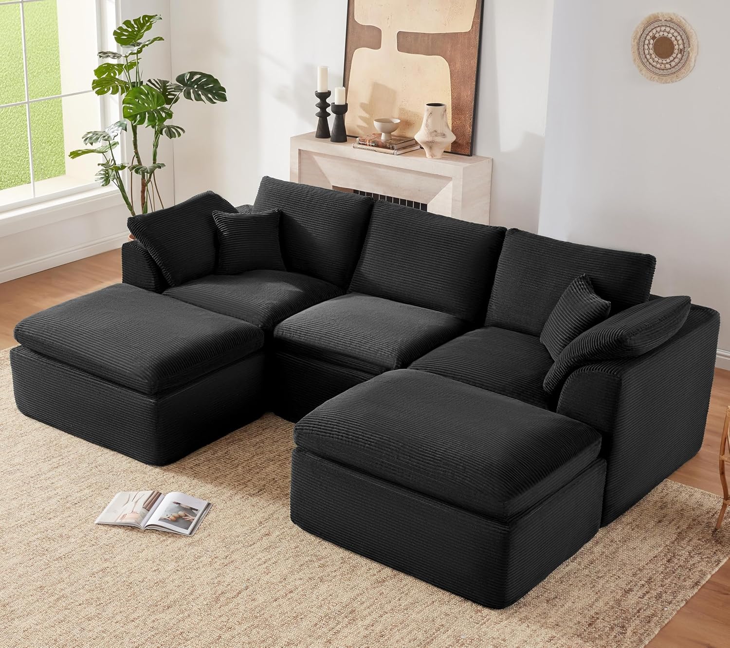 112' Cloud Sectional Couch, Boneless Couches for Living Room, U Shaped Couch with Convertible Ottoman, Modular Sectional Sofa with Deep Seat, Comfy Soft Cushions, No Assembly, Black