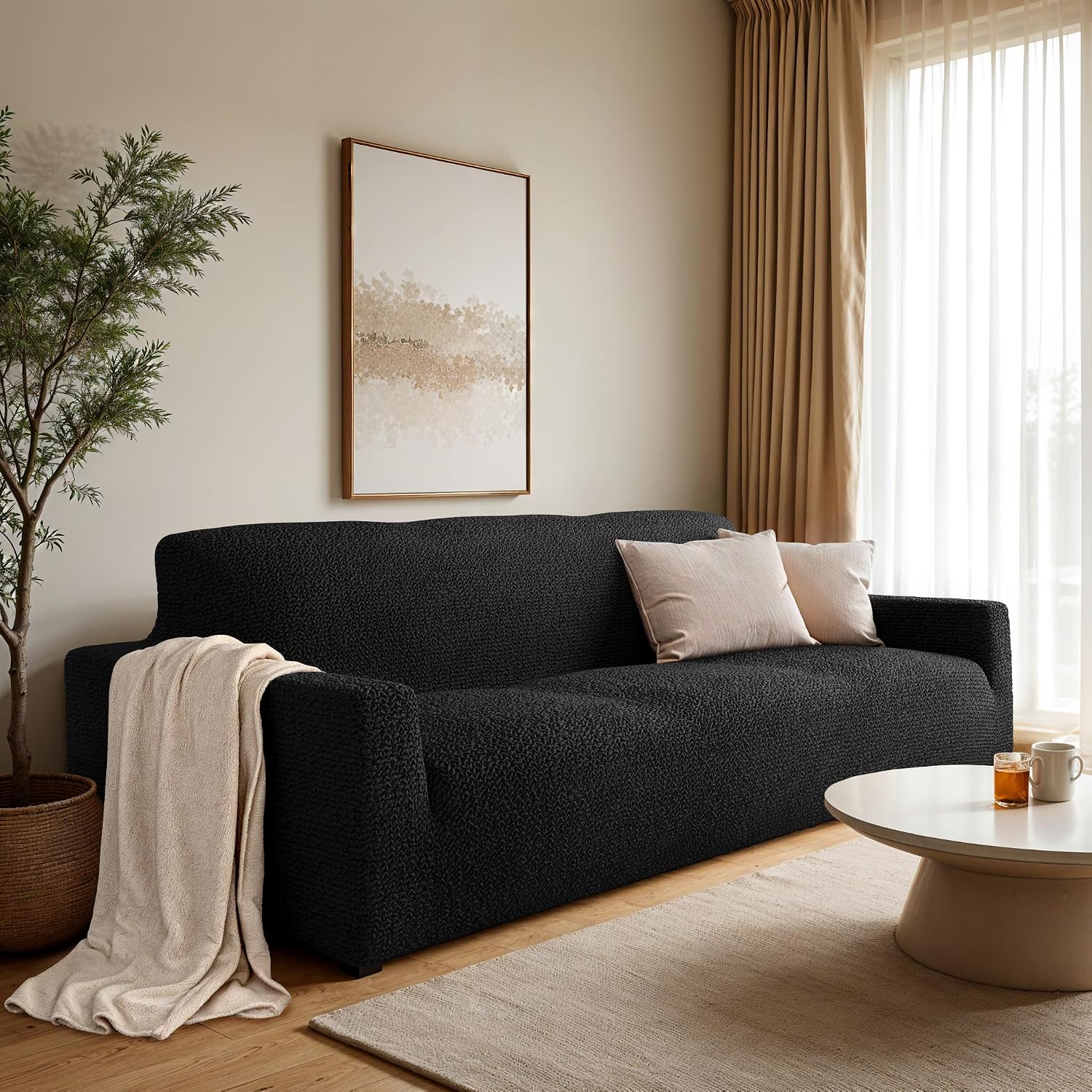PAULATO BY GA.I.CO. Sofa Slipcover - Stretch Couch Cover - Stylish Cushion Sofa Cover - Soft Polyester Fabric Slip Cover - 1-Piece Form Fit Washable Protector for Pet - Microfibra Collection - Black