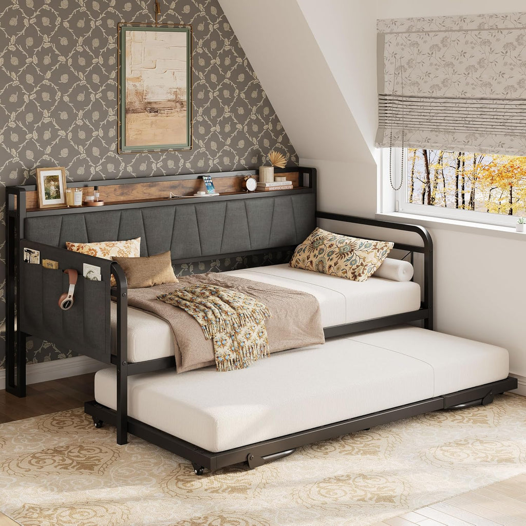 LIKIMIO Twin XL Daybed, Day Bed with Trundle, Storage Upholstered Headboard and Charging Station, Trundle Bed with Strong Supports for Living Room, Bedroom, and Guest Room, Grey