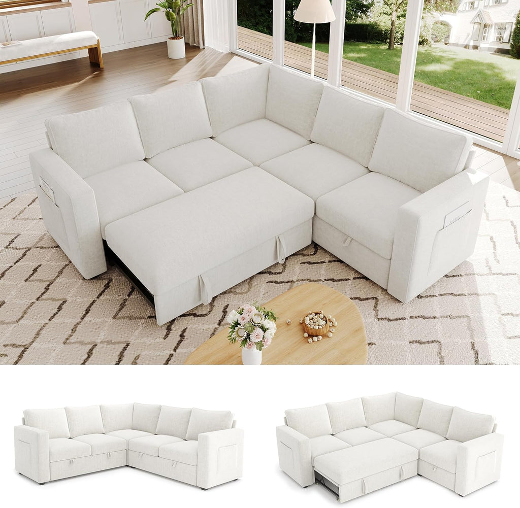 83.5' Sectional Sleeper Sofa with Pull Out Couch, Modern 5 Seat L Shaped Modular Couch, Sectionals Modular Sofa with Storage, Comfy Sectional Couches for Living Room & Apartment, Light Beige
