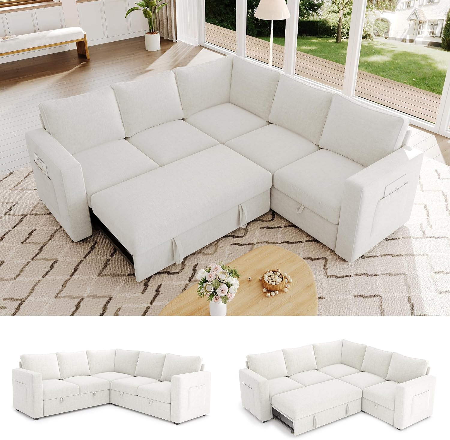 83.5' Sectional Sleeper Sofa with Pull Out Couch, Modern 5 Seat L Shaped Modular Couch, Sectionals Modular Sofa with Storage, Comfy Sectional Couches for Living Room & Apartment, Light Beige