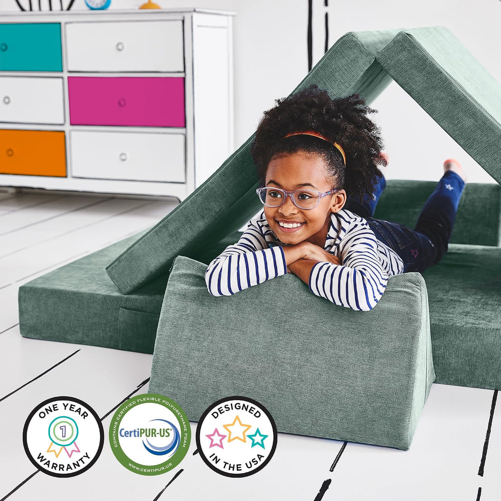 Yourigami Kids and Toddler Play Couch, Convertible Folding Sofa, Durable Foam Modular Design, Green Meadows