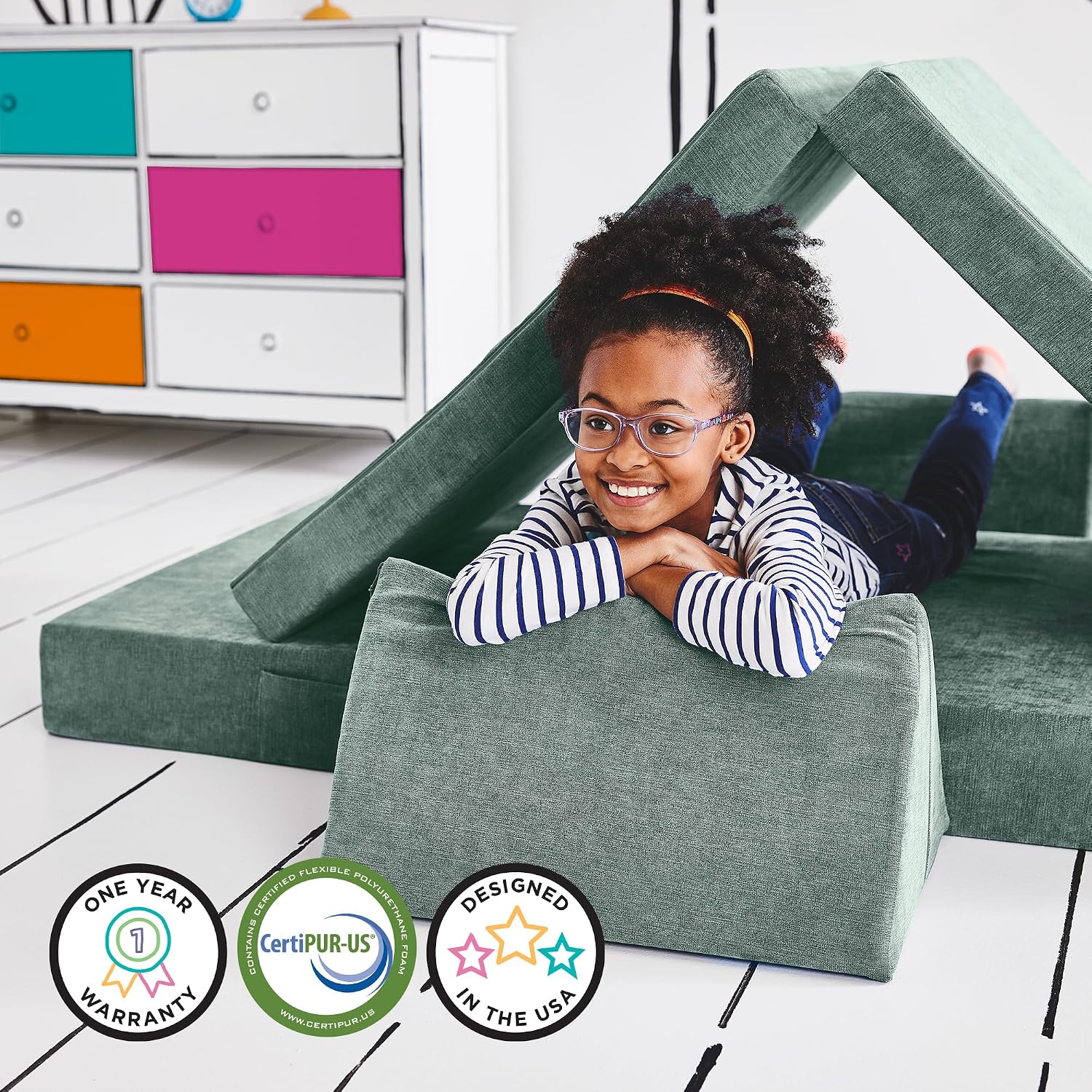 Yourigami Kids and Toddler Play Couch, Convertible Folding Sofa, Durable Foam Modular Design, Green Meadows
