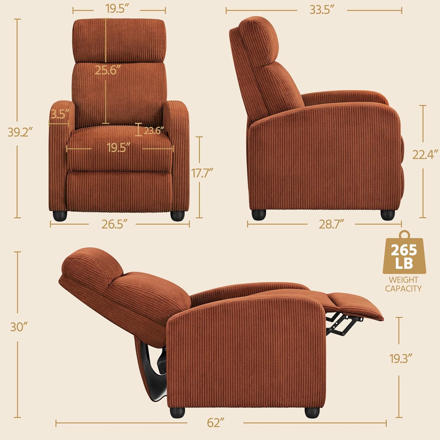 Yaheetech Corduroy Recliner Chair Single Sofa Home Theater Seating Adjustable Modern Reclining Chair for Living Room Bedroom Home Theater Brick Red