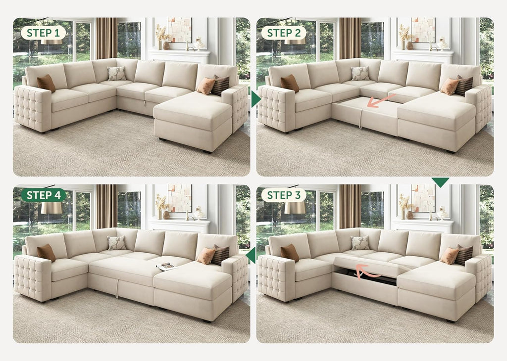 HONBAY Sectional Sleeper Sofa with Pull-Out Bed Storage Chaise, 6 Seaters Couch for Living Room, Beige