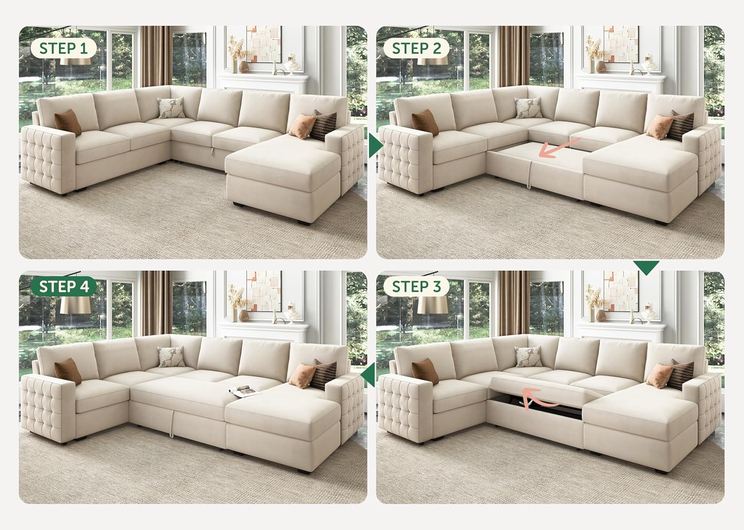 HONBAY Sectional Sleeper Sofa with Pull-Out Bed Storage Chaise, 6 Seaters Couch for Living Room, Beige