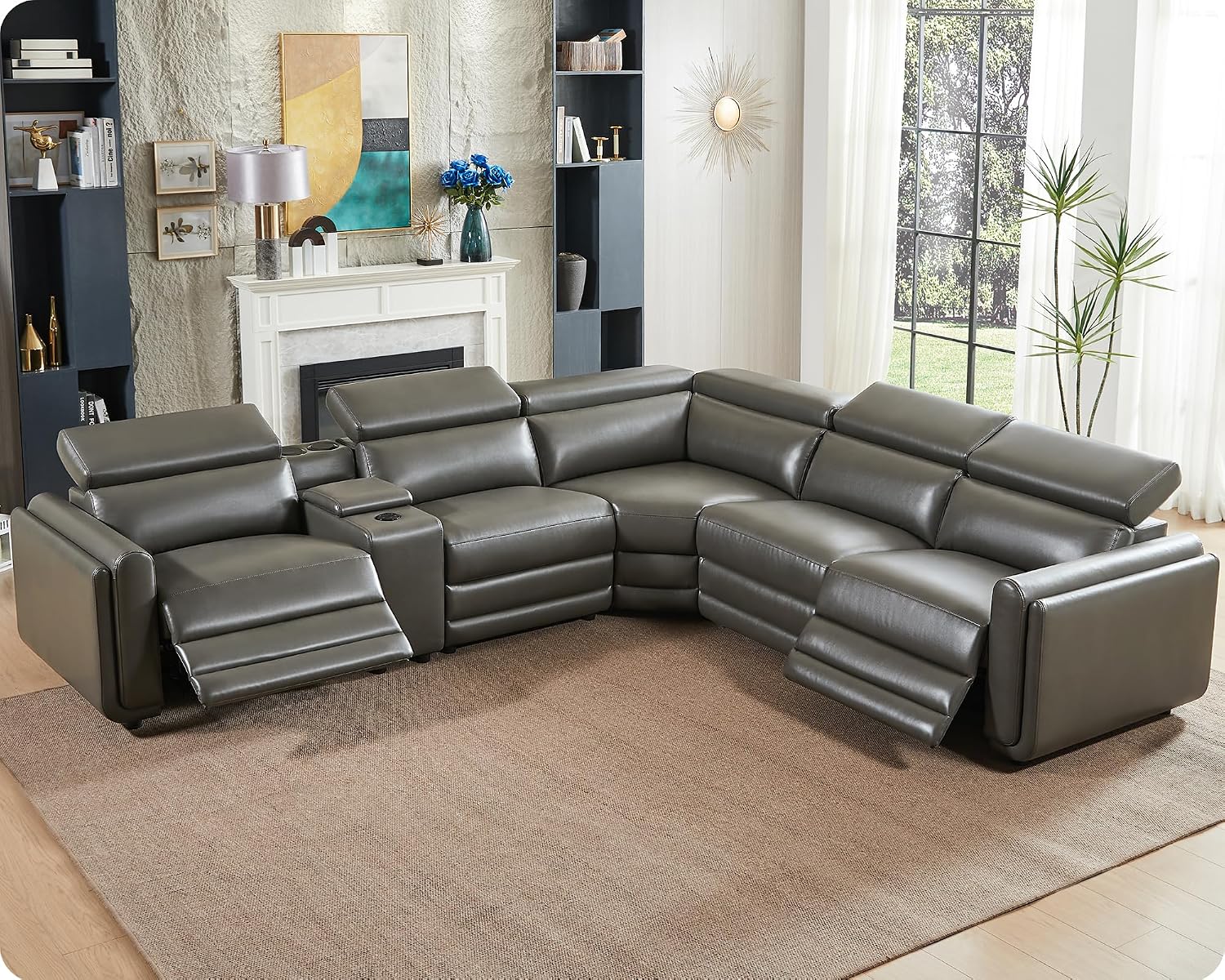 Amerlife Power Recliner Sectional Sofa, Reclining Sofa with Storage/USB Port, Leather Recliner Sofa with Adjustable Headrest, 5 Seats Reclining Sectional Couches with Console and Cup Holder, Dark Grey