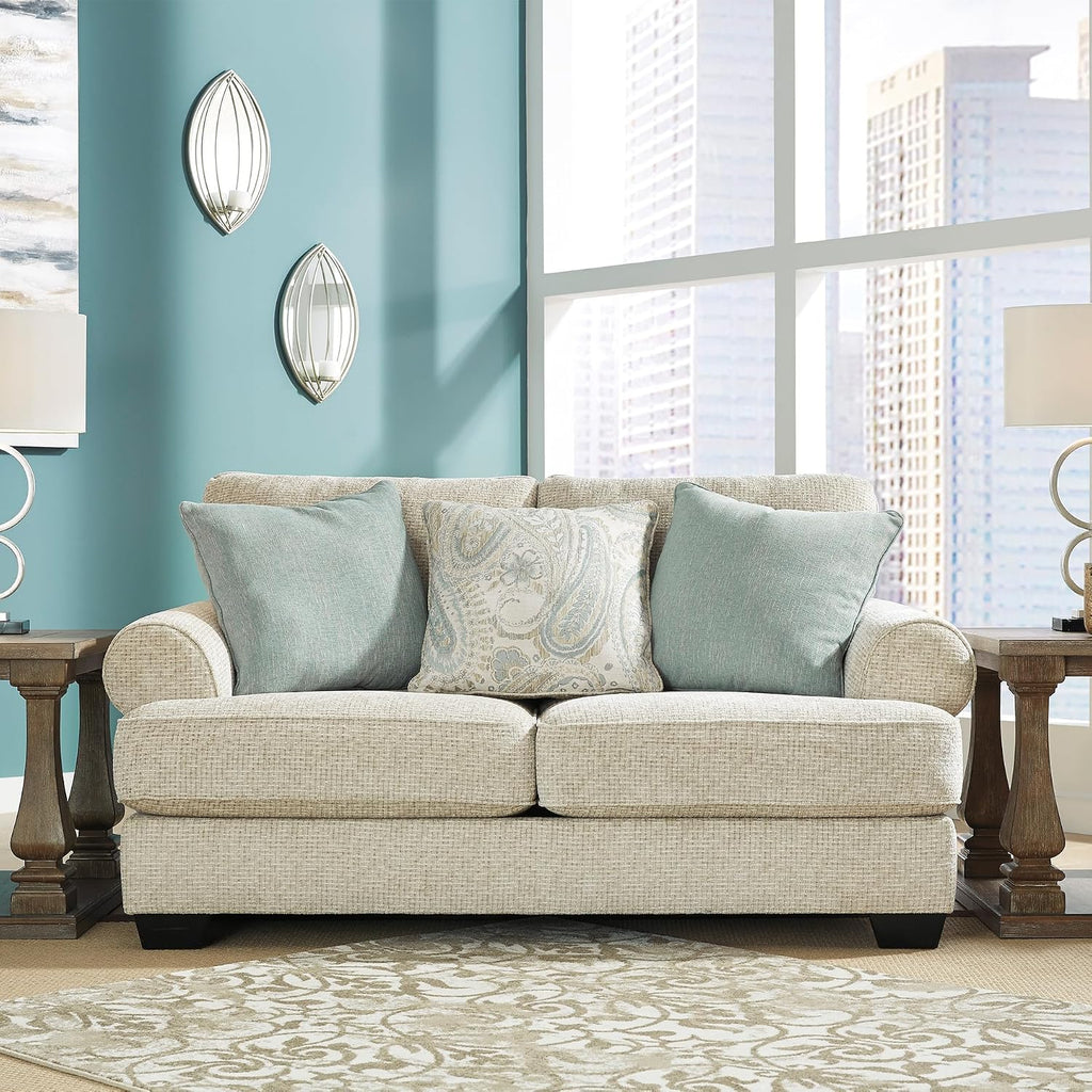 Signature Design by Ashley Monaghan Vintage Loveseat with Accent Pillows, Reversible Cushions and Rolled Arms, Beige