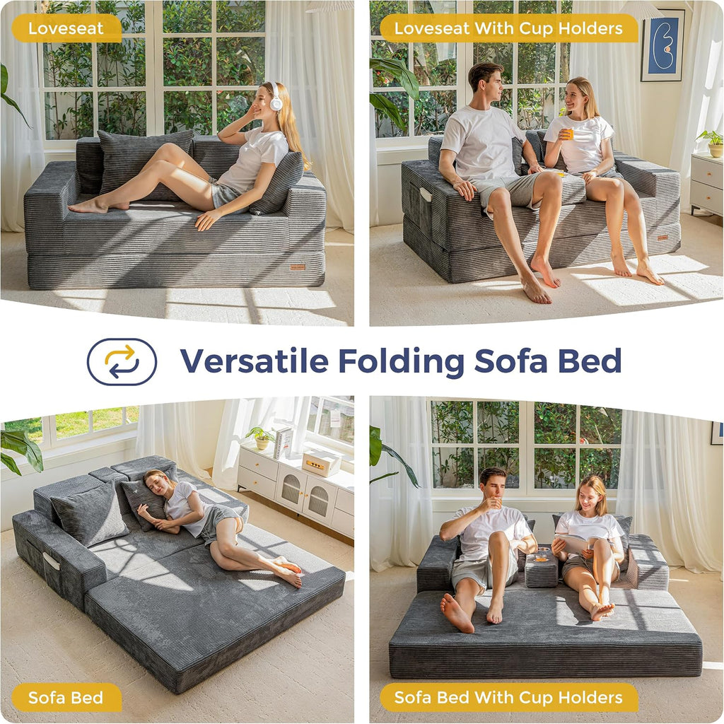 MAXYOYO Loveseat Sofa Bed, 64' Foldable Floor Sofa Couch in A Box with 2 Cup Holders, 4 in 1 Convertible Boneless Couch Folding Recliner Sleeper Chair for Living Room,Charcoal Grey