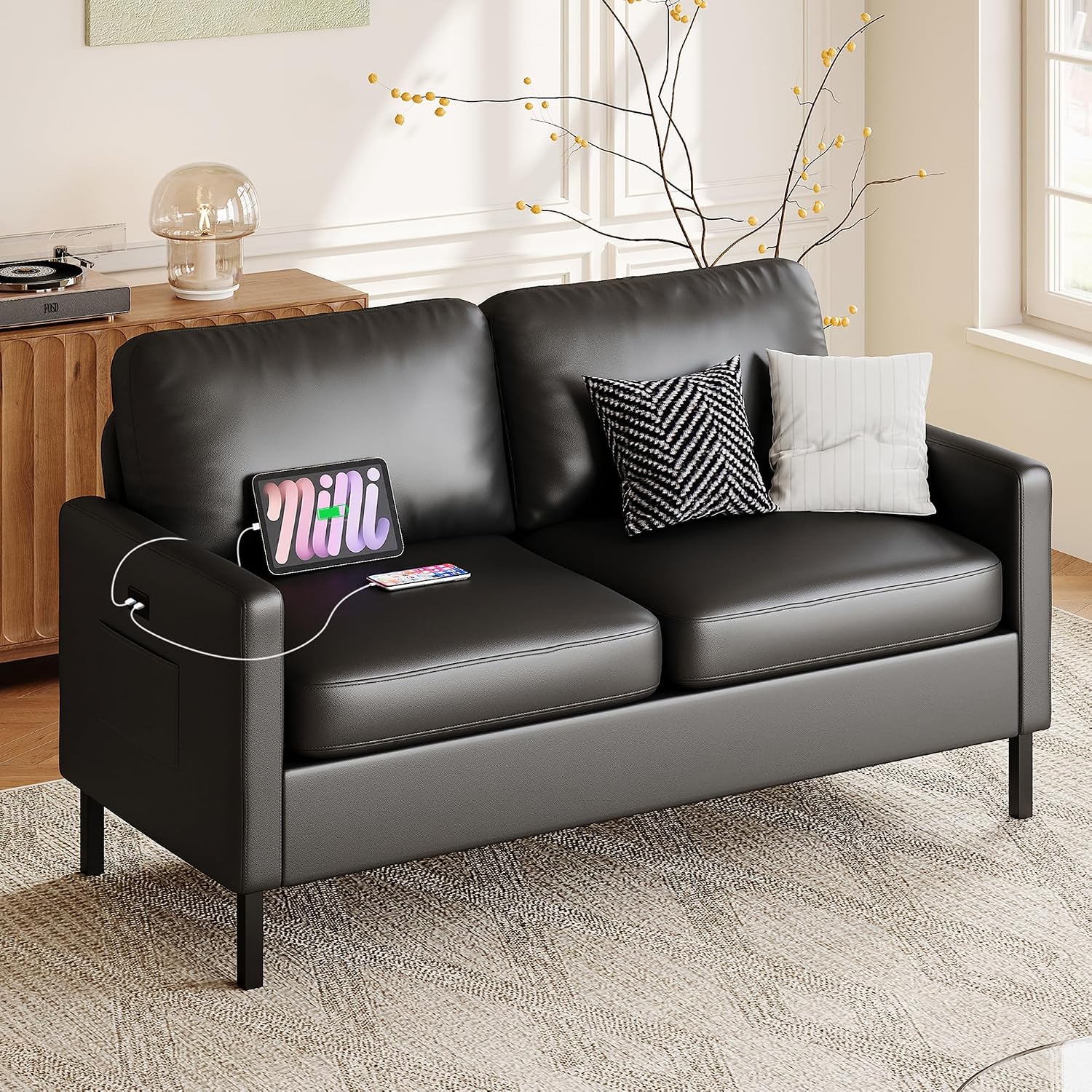 STHOUYN 56' W Faux Leather Loveseat w/ 2 USB, Black Love Seat w/Side Pockets, Small Loveseat for Small Space, Leather Couch for Bedroom, Apartment, Dorm, Black