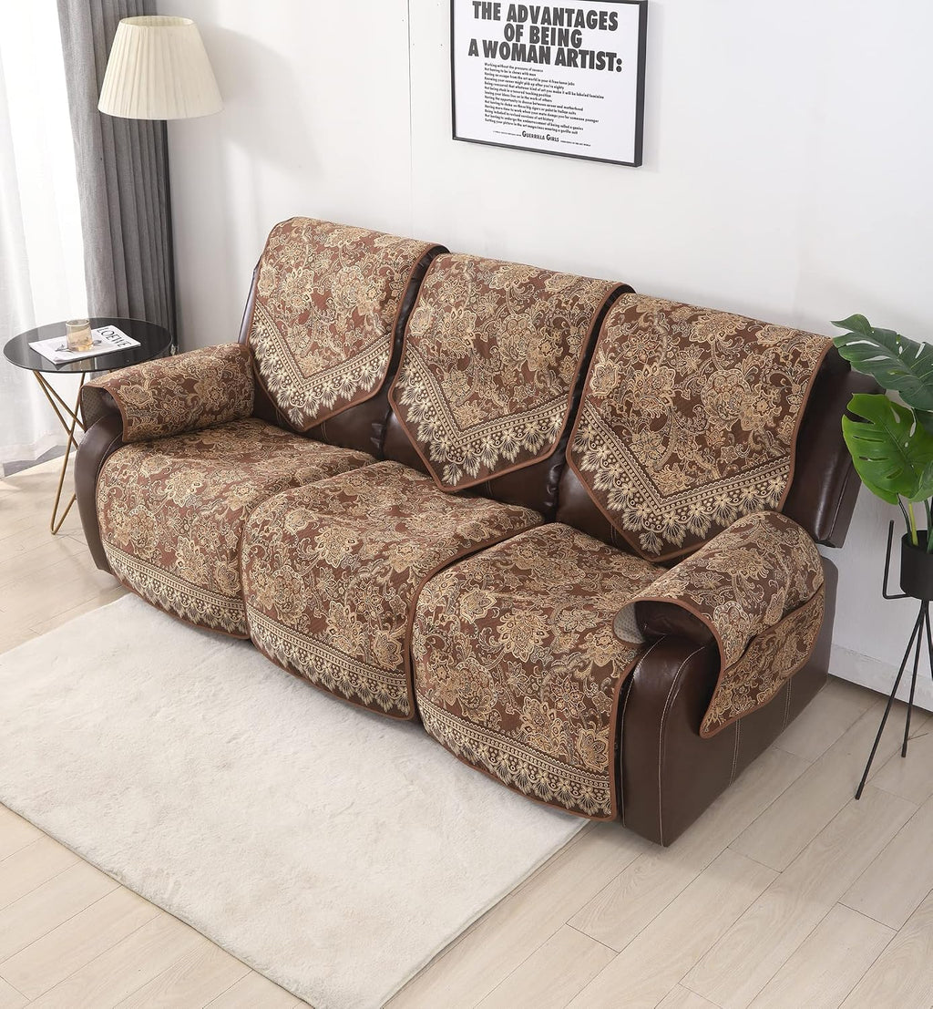 Waterproof Recliner Sofa Covers Non-Slip Recliner Couch Covers for 3 seat, Split Washable Jacquard Reclining Couch Covers Furniture Protecto (Brown, 3 Seater)