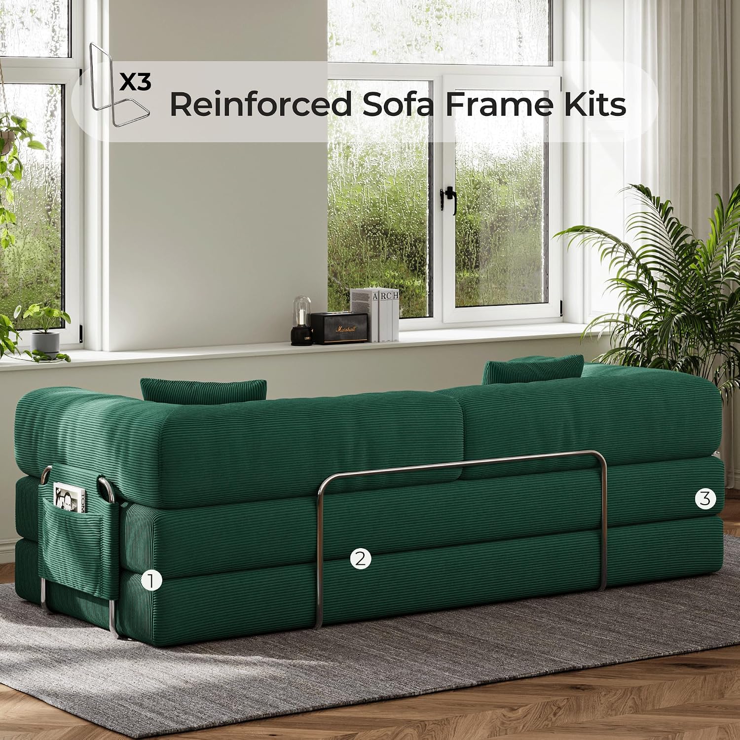 5-in-1 Folding Convertible Sofa Bed, Loveseat Sleeper with Pull-Out Bed, Floor Sofa Modular Futon Couch, 79' Oversized Corduroy Upholstered Boneless Couch for Living Room, Bedroom, Lounge, Green-A