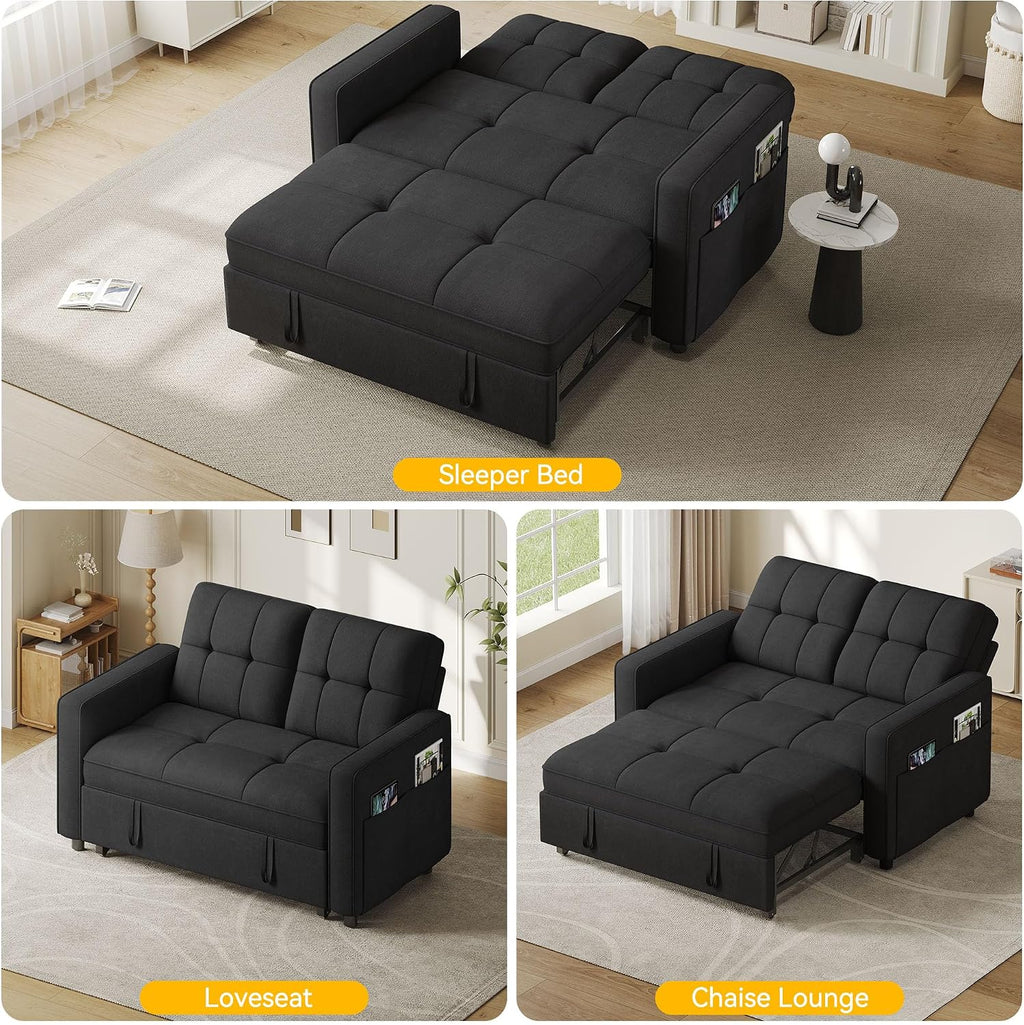 DWVO 3 in 1 Convertible Sleeper Sofa Bed, 55' Pull Out Sofa Bed with Adjustable Backrest and USB, Velvet Futon Couch with Side Pockets for Living Room, Black