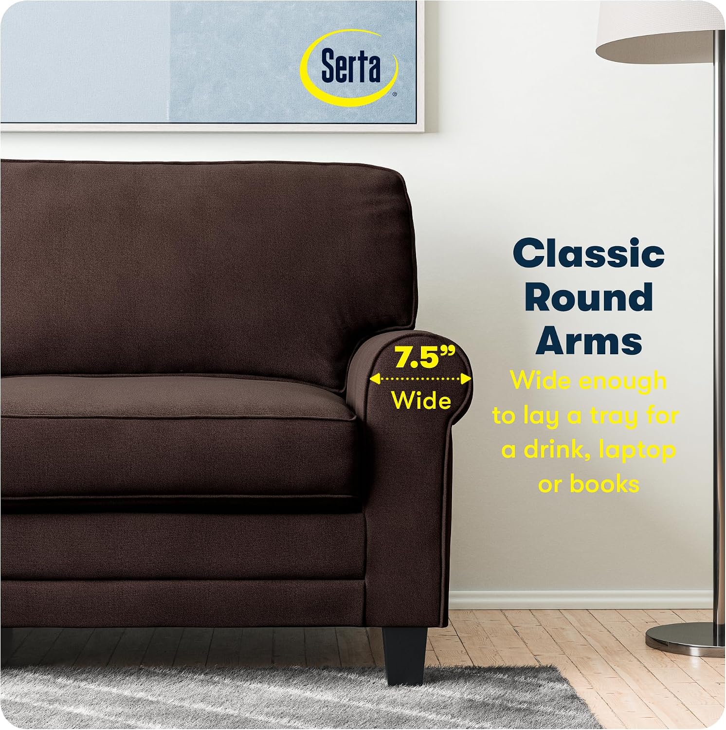 Serta Copenhagen 78' Rolled Arm Sofa, Easy Care Polyester, Soft Pillow Back, Pocket Coil Seat Cushions, Removable Covers, Loveseat or Couch for Small Spaces, Living Rooms or Bedrooms, Brown