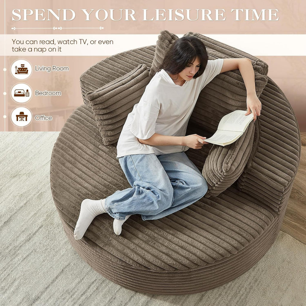 Oversized Round Chaise Longue Chair Indoor, Modern 55-inch Upholstered Corduroy Deep Seat Circle Single Cloud Lounge Floor Sofa Chair for Living Room, Bedroom Apartment, Brown