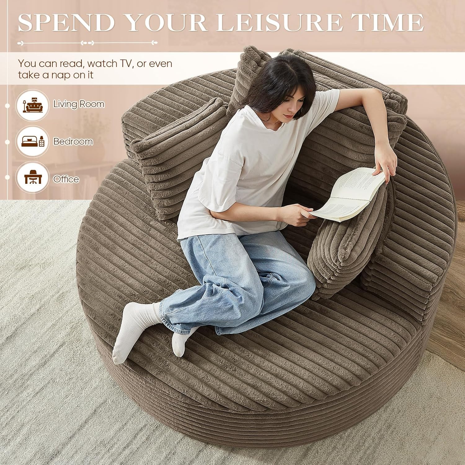 Oversized Round Chaise Longue Chair Indoor, Modern 55-inch Upholstered Corduroy Deep Seat Circle Single Cloud Lounge Floor Sofa Chair for Living Room, Bedroom Apartment, Brown