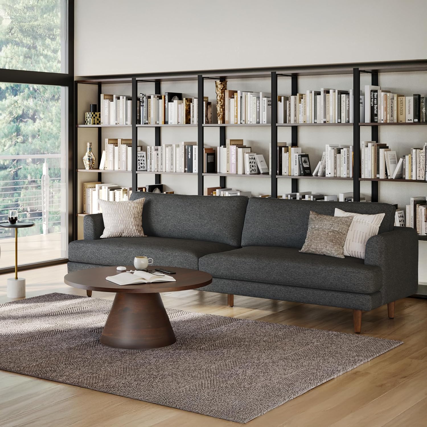 SIMPLIHOME Livingston 90-inch Wide Sofa in Charcoal Grey Woven-Blend Fabric, Handcrafted Mid-Century Modern Oversized 3-Seater Couch Sofa for Living Room or Family Room, Solid Wood Frame