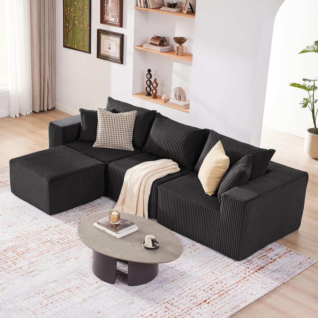 Cloud Couch Sectional, Modular Sofa with Deep Seat, Plush Corduroy U Shaped Boneless Couch, Convertible Sectional Couches for Living Room (Black, 3 Seater & 1 Ottoman)