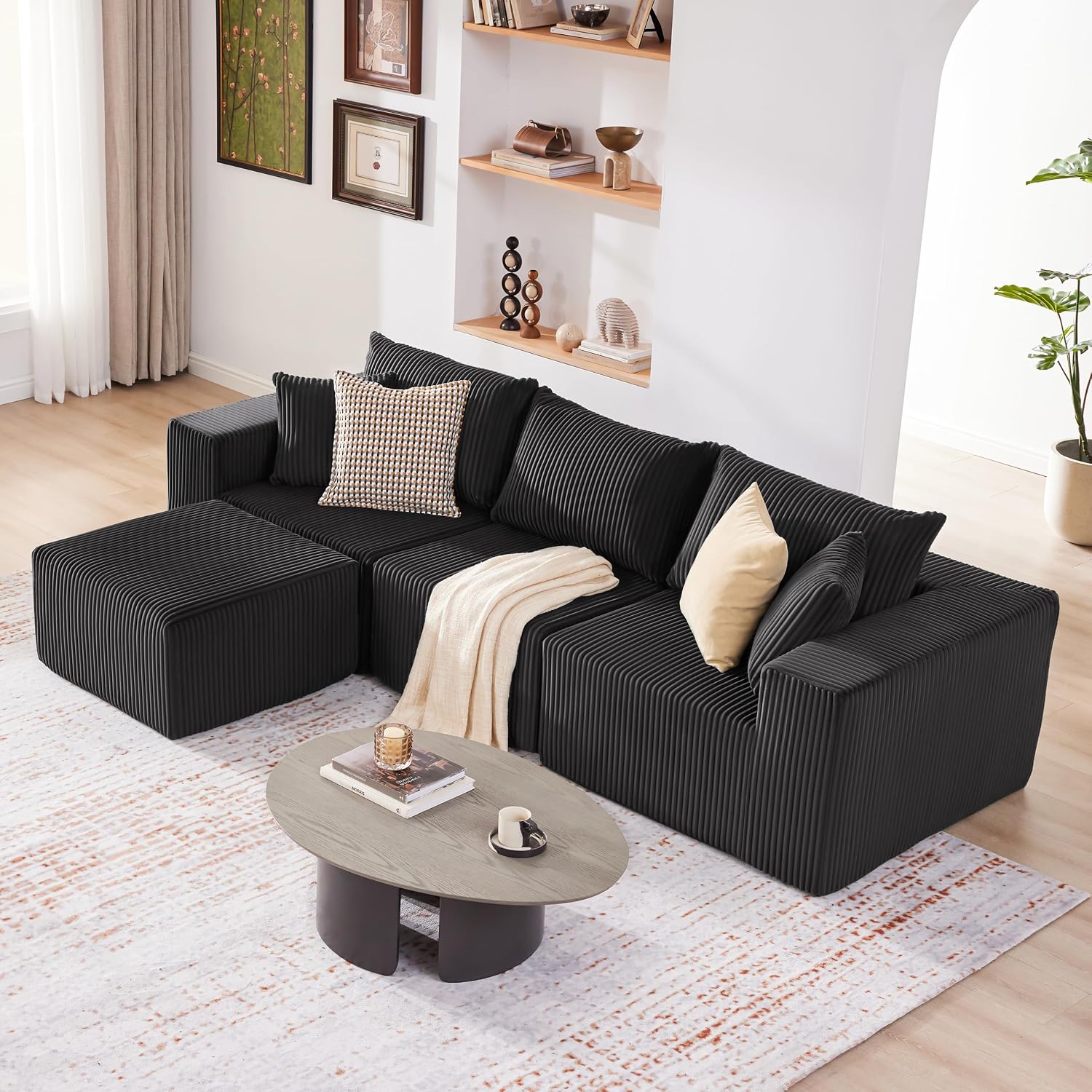Cloud Couch Sectional, Modular Sofa with Deep Seat, Plush Corduroy U Shaped Boneless Couch, Convertible Sectional Couches for Living Room (Black, 3 Seater & 1 Ottoman)