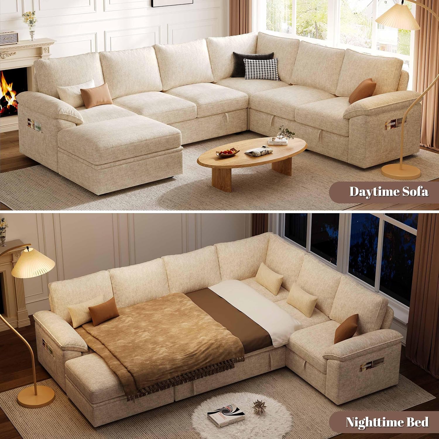 108 Inch Modular Sectional Sofa with Pull Out Bed,U Shaped 7 Seat Sectional Sleeper Sofa with Storage,Sectional Couches for Living Room,Cloud Modular Couch,Removable Sofa Cover,Beige