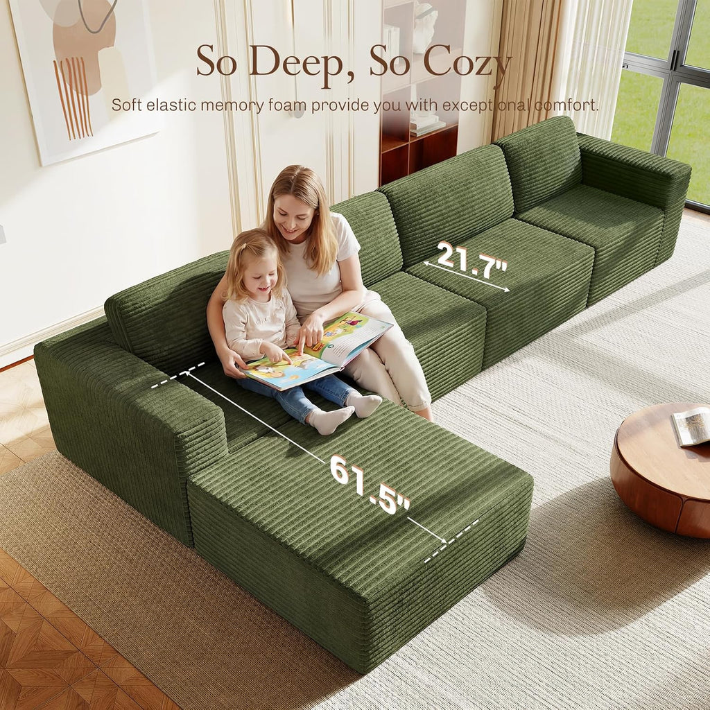 Vesgantti 159' Large Modular Sectional Sofa, L-Shaped Corduroy Cloud Couch with Deep Seats & Spring Support, 4-Seater Boneless Sofa with Movable Ottoman, No Assembly Needed, Green
