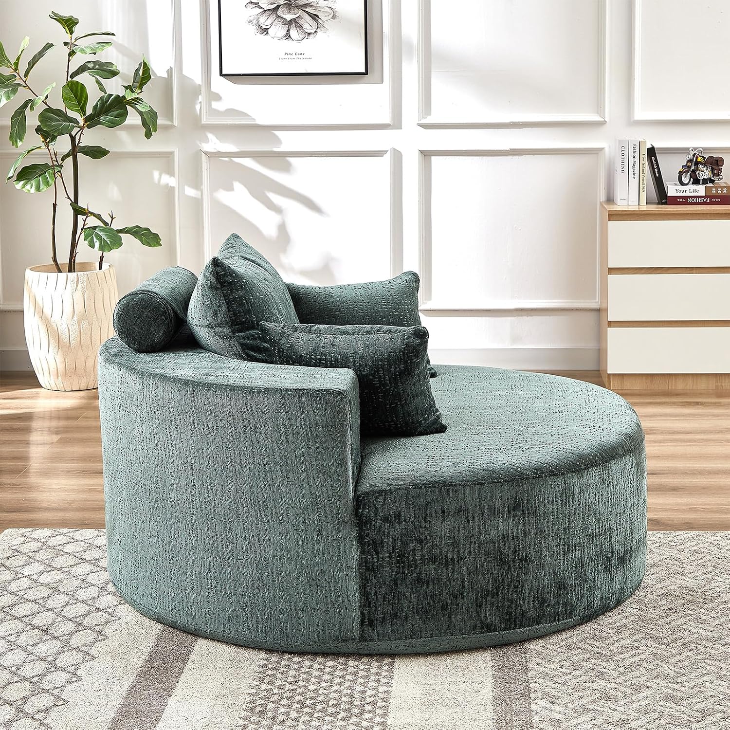 Oversized Round Chaise Longue Chair Indoor, Modern 55-inch Upholstered Chenille Deep Seat Circle Single Cloud Lounge Floor Sofa Chair for Living Room, Bedroom Apartment, Green