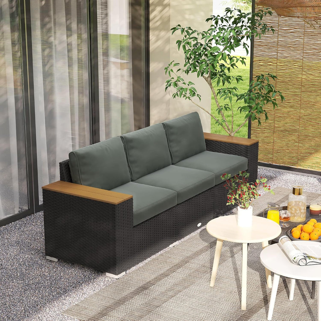 Outsunny 3-Seat Outdoor Patio Sofa with 24.5' Extra Wide Deep Seats, PE Wicker Sofa with Wide Wood Effect Armrests and 4' Cushions, Rattan Outdoor Couch for Porch, Garden, Poolside, Dark Gray