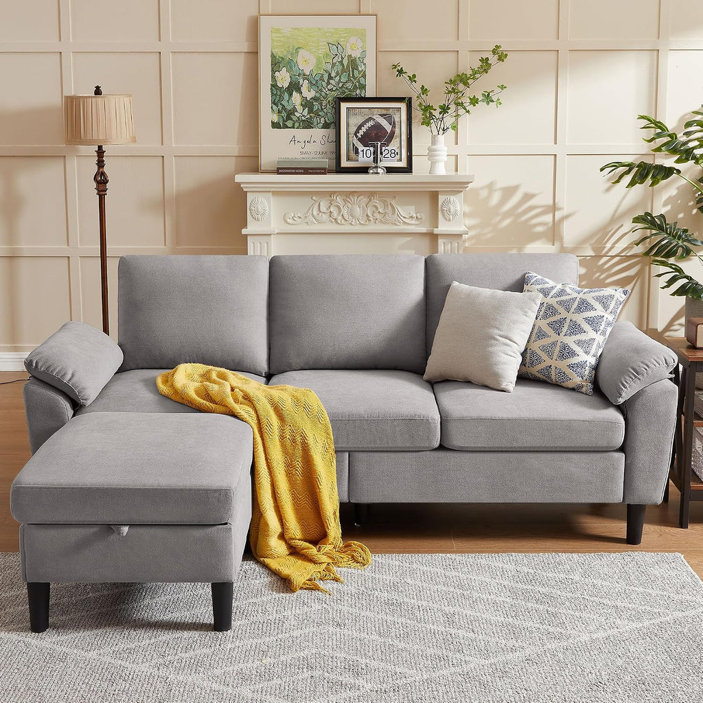 80' Convertible Sectional Sofa, Small L Shaped 3 Seat Couch with Reversible Storage Chaise, Modern Polyester Fabric Sofa Couches for Living Room, Apartment and Small Space, Light Grey